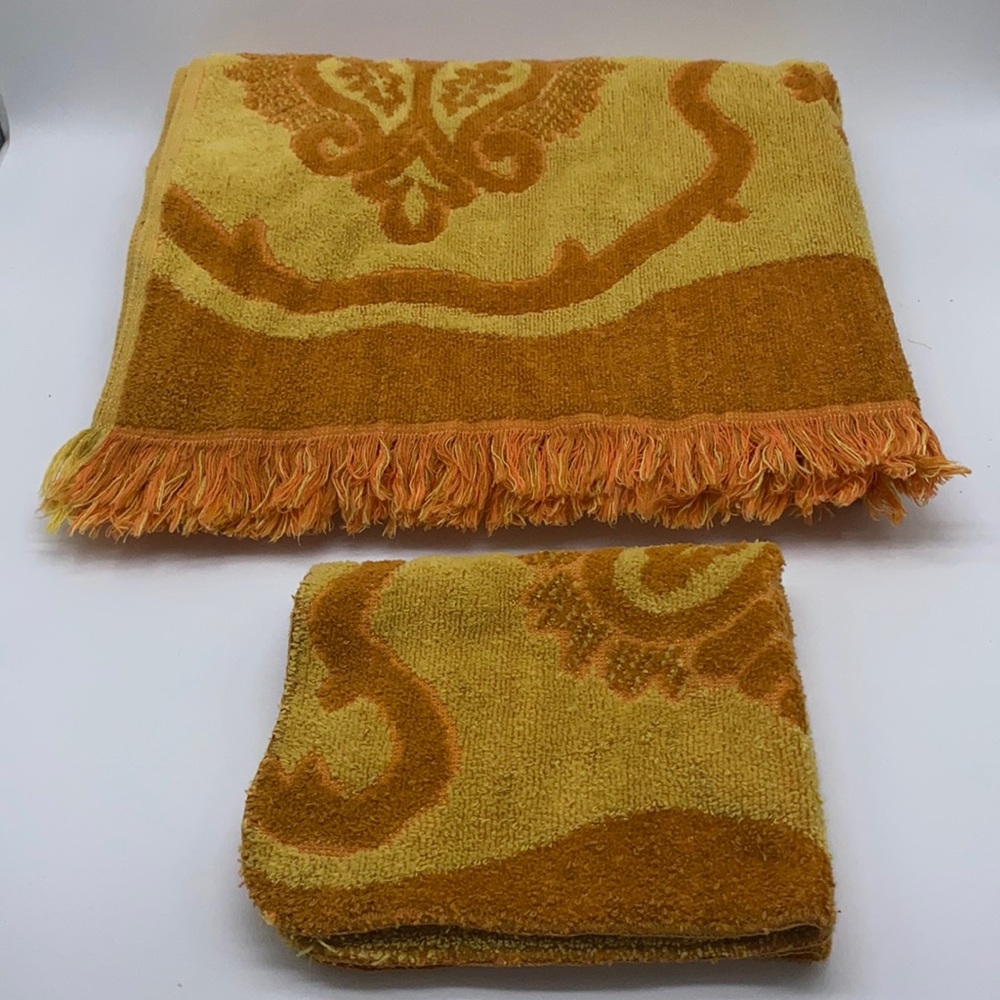 Vintage Simpsons Sears Drylon Bath Towel & Face Cloth Orange Yellow 60s Retro